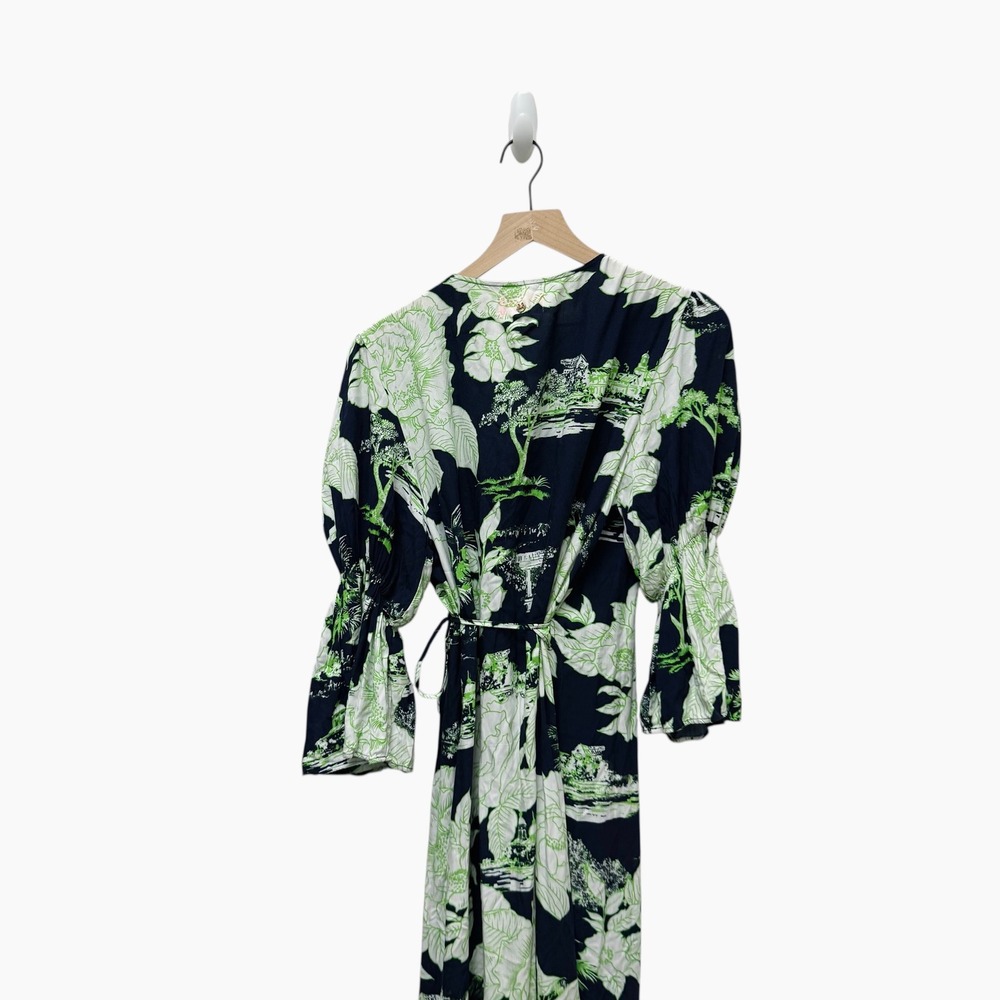 Maaji Floral Print Kimono Maxi Dress Wrap Belted‎ Bell Sleeves Green Size Medium - Picture 8 of 9